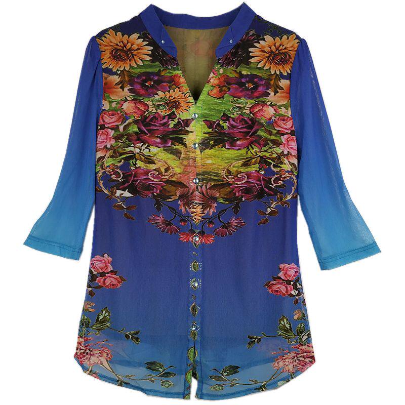 凯斯曼时尚洋气春秋花衬衫上衣中年妈妈女装修身台湾弹力网纱面料