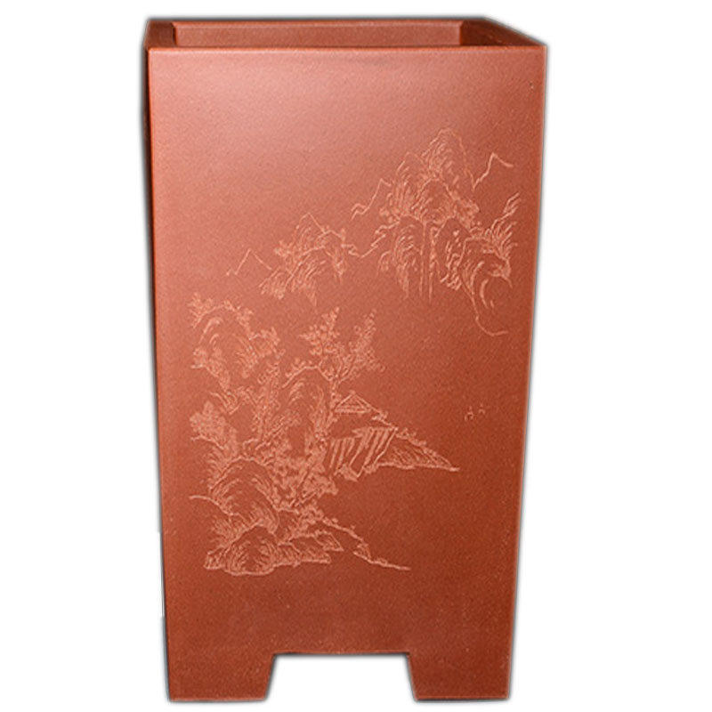 宜兴紫砂花盆 兰花盆 客厅花卉精品 本色精水泥 手工刻画四方签筒