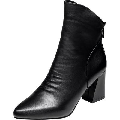 2025新款秋冬季尖头高跟真皮鞋粗跟短靴春秋单靴软皮马丁靴女靴子