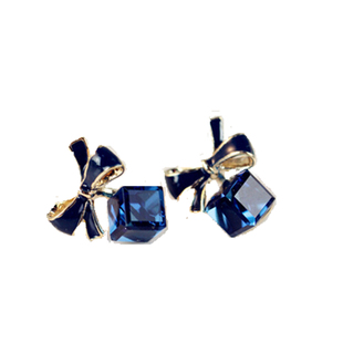 韩国水晶蓝色水立方s925银耳钉蝴蝶结耳环小巧甜美软垫无耳洞耳夹