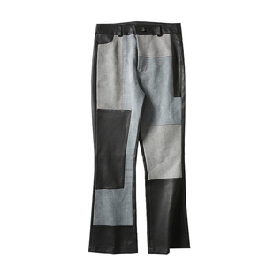 高奢!拼色牛仔进口弹力绵羊皮微喇九分裤女性感显瘦真羊皮时尚裤