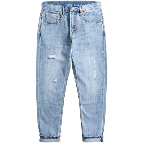 浅色九分裤夏季薄款破洞蓝色锥形小脚宽松痞帅 牛仔裤男时尚新款