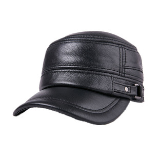 新品海宁秋冬季真牛皮帽子男士护耳鸭舌平顶棉帽中老年保暖加棉厚