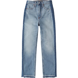 正品Abercrombie高腰牛仔裤女夏AF修身显瘦小脚九分破洞紧身直筒