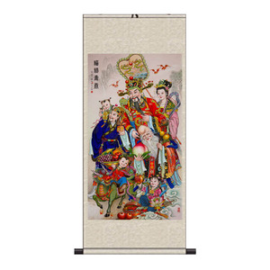 商铺中堂画丝绸挂画招财纳福画丝绸画卷轴画福禄寿喜人物画