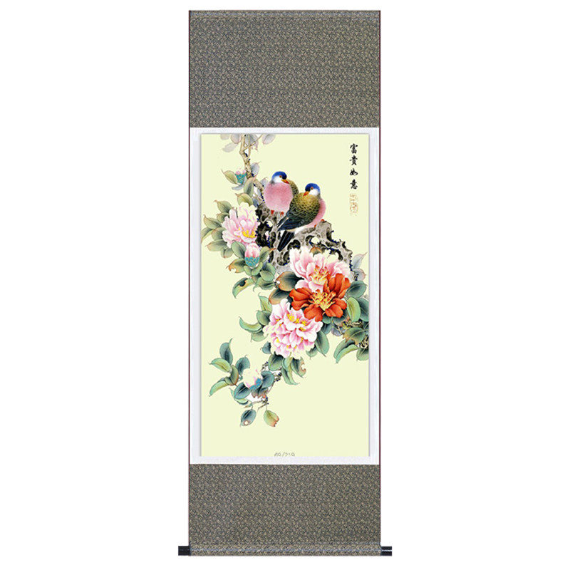 丝绸画国画富贵如意卷轴画挂壁画花鸟风景画送国内外友人招财花鸟