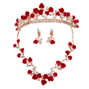 新款红色玫瑰花结婚皇冠头饰三件套项链耳环套装婚庆敬酒礼服配饰