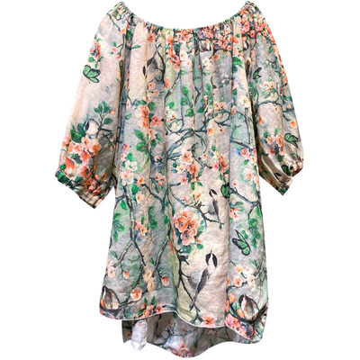 夏季文艺苎麻料印花松紧插肩袖t