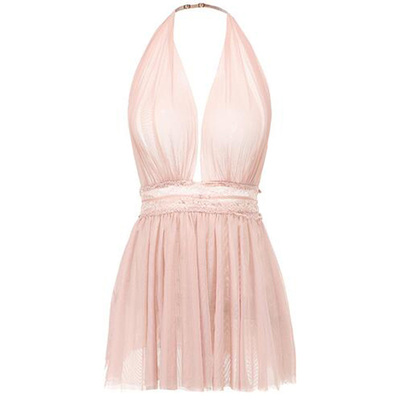 薄纱大露背挂脖蕾丝超短深v睡裙