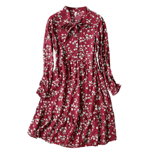 森系小清新小雏菊碎花连衣裙短款 小个子A字裙春秋雪纺连衣裙长袖