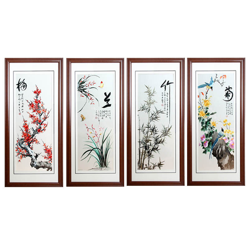 苏绣成品挂画竖版客厅梅蓝竹菊
