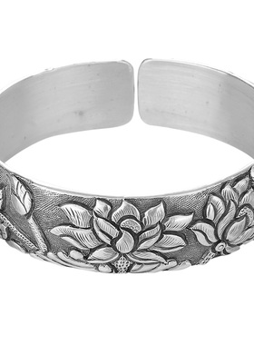 荷花莲花雪花银手镯子复古风银器