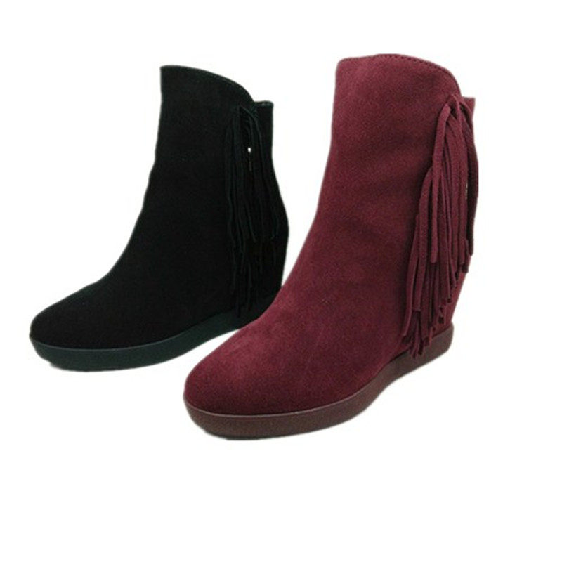 焦点女孩秋冬款真皮女靴子磨砂牛皮内增高流苏女鞋欧美风百搭短靴