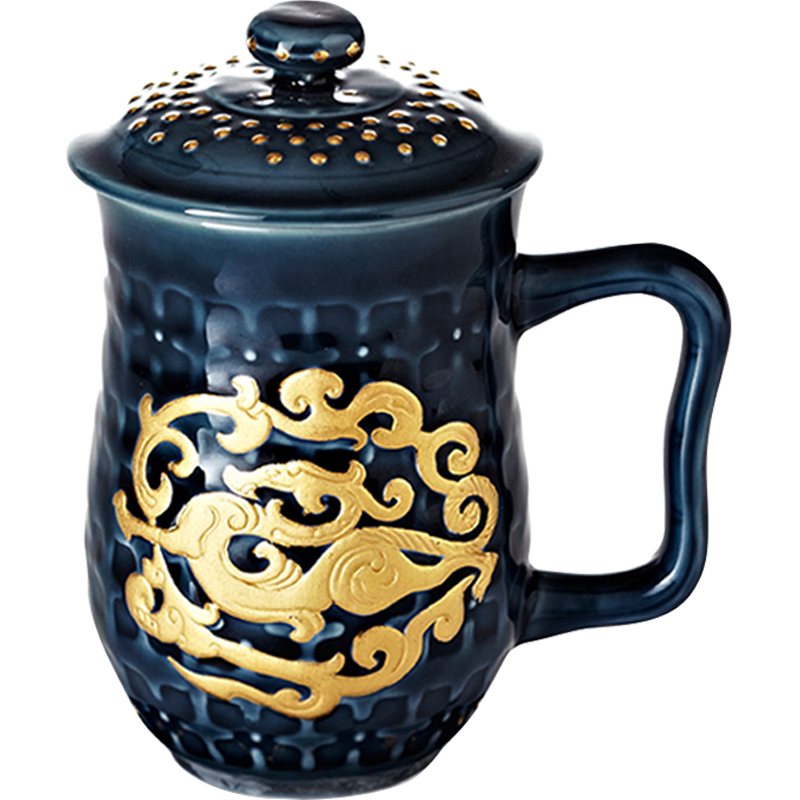 乾唐轩活瓷杯鎏金势在必得高杯 陶瓷茶杯办公水杯子商务送礼