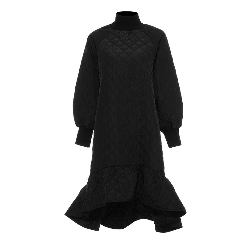 棉衣女秋冬2025新款1272菱格中长款棉服前短后长加棉荷叶边连衣裙