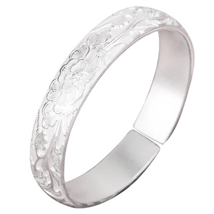 纯银手镯女999足银 送礼物妈妈款银饰 雪花银实心牡丹银镯子开口