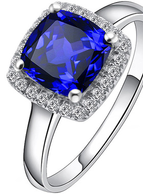 925纯银方形坦桑色蓝宝石戒指