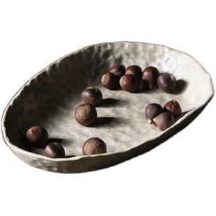 手捏粗陶vintage碗餐盘陶瓷干果盘日式白色创意鱼盘沙拉盘斗笠碗