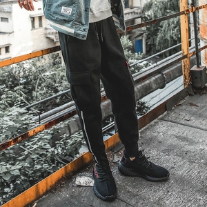 日系秋冬白条口袋束脚裤