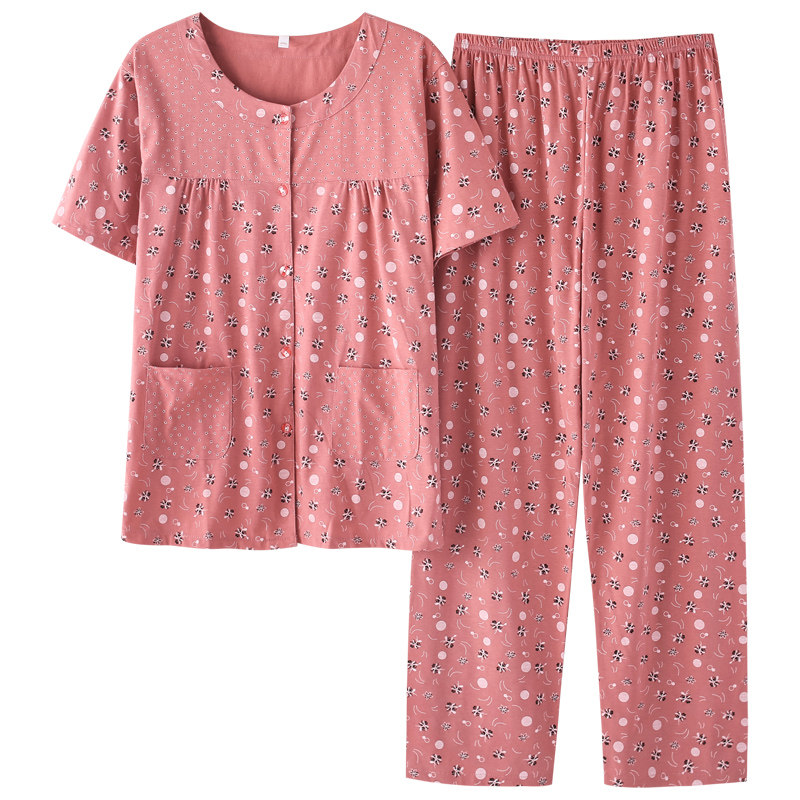 短袖长裤中老年妈妈夏天纯棉睡衣女士半袖简约大码宽松家居服套装