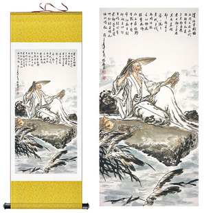 姜太公钓鱼图卷轴画渔具店装饰画姜子牙人物画客厅书房丝绸画挂画