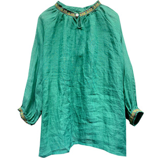 民族风衬衫女素尚夏季文艺刺绣宽松休闲防晒衫轻薄苎麻衬衫上衣女