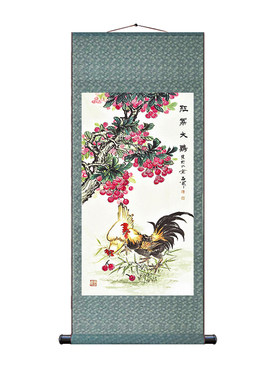 金鸡报晓丝绸画风水画开运画