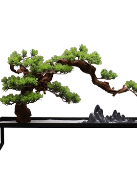 现代新中式创意根雕微景观迎客松仿真树陶瓷山石枯木玄关软装饰品