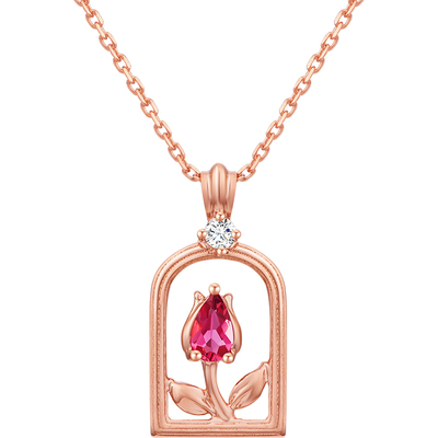 落玻璃罩红玫瑰18K金钻石项链