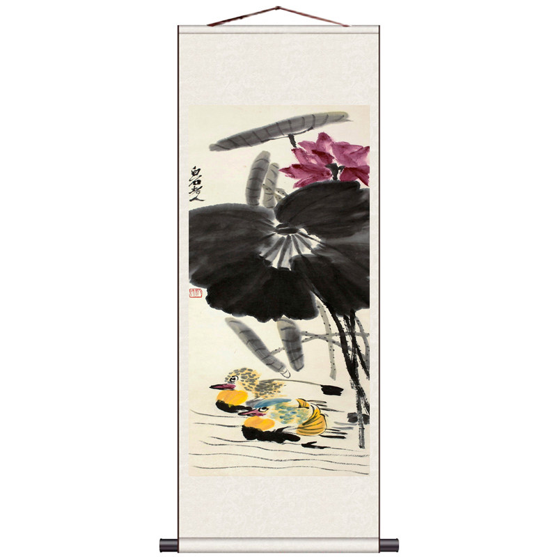 荷花鸳鸯办公室书房装饰画卧室挂画风水丝绸画卷轴画水墨荷花壁画