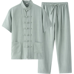 中国风夏季唐装男居士服禅修服汉服棉麻套装亚麻短袖衬衫青中年麻