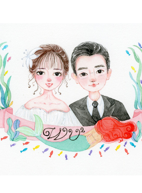 圣诞节情侣纯手绘婚礼画像定制