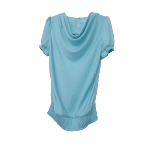 艾格淘特/S专柜正品断码 女夏湖蓝色短款短袖套头女衬衫4E4065