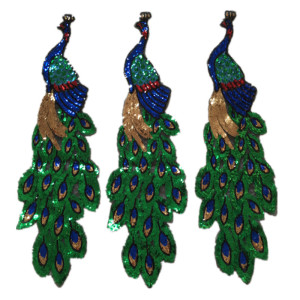 SASKIA中国风绿色亮片孔雀刺绣布贴补丁衣服旗袍图案装饰辅料背胶