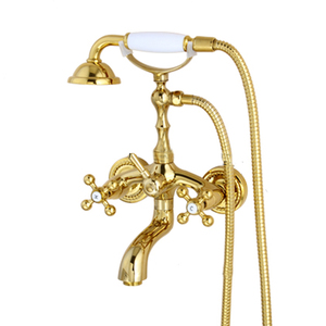 铜金色浴缸龙头欧式淋浴花洒缸边水龙头电话机喷头挂座双把冷热