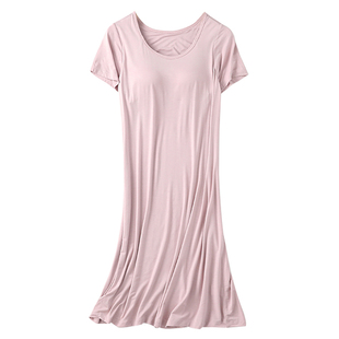 莫代尔中长款带胸垫短袖睡裙女可外穿文胸罩杯一体式宽松睡衣家居