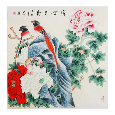 斗方富贵牡丹纯手绘中式秦薇国画