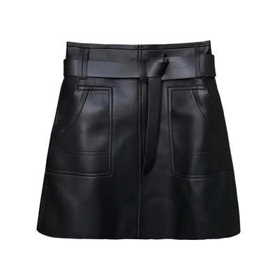 海宁皮裙女士秋季新款a字口袋