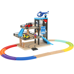 儿童木质仿真蓝色升降电梯停车场套装木质拼装益智轨道车玩具礼物