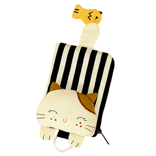 韩版创意抽拉帆布条纹猫钥匙包零钱收纳小包一体多功能锁匙钥匙包