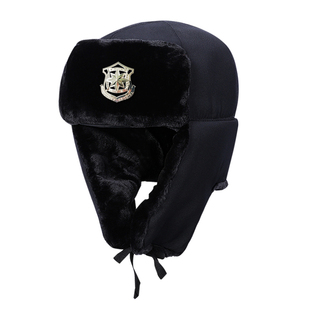 冬季加厚保安棉帽子物业安保执勤保暖帽男护耳军绿雷锋帽治安黑帽