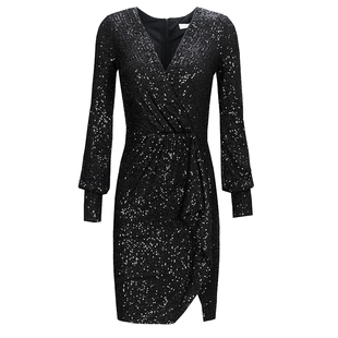 黑色晚礼服裙女2025新款爆款宴会气质小个子长袖亮片平时可穿年会