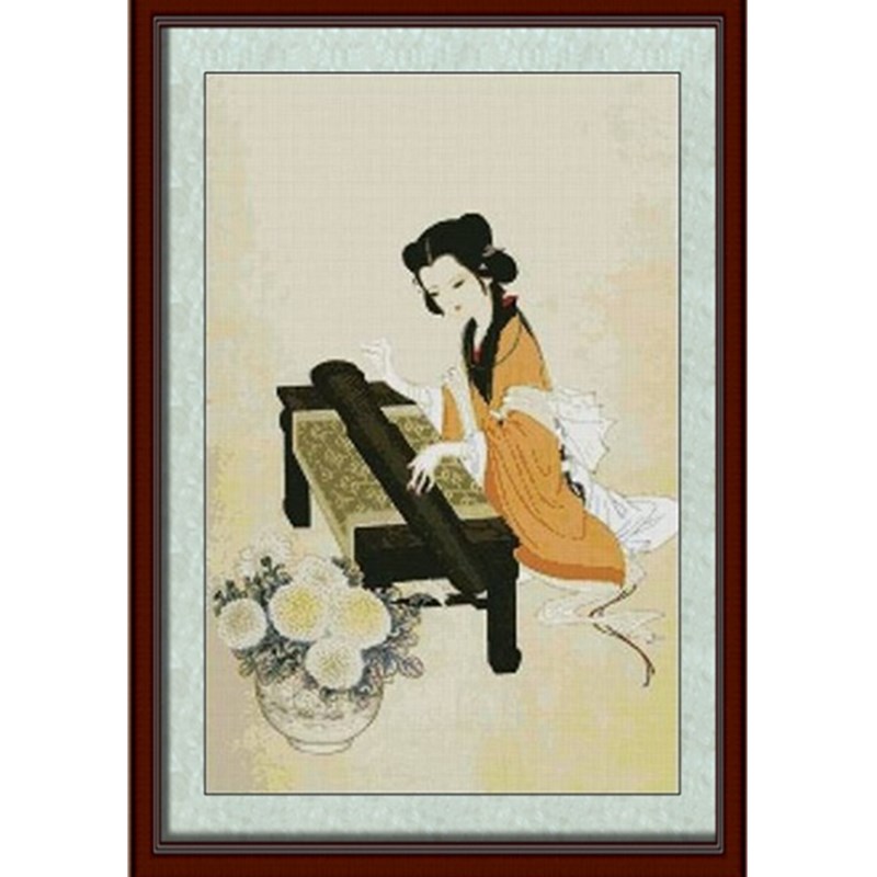仕女图十字绣红衣古风美女图新款