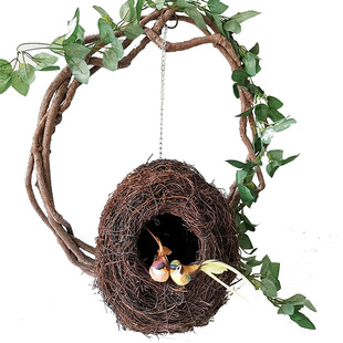 藤草编鸟窝鸟笼装饰铁链吊篮 啡厅园艺造景 插花小鸟摆件摄影道具