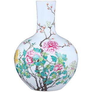 景德镇陶瓷器摆件仿清乾隆粉彩富贵牡丹天球花瓶客厅装饰结婚礼物