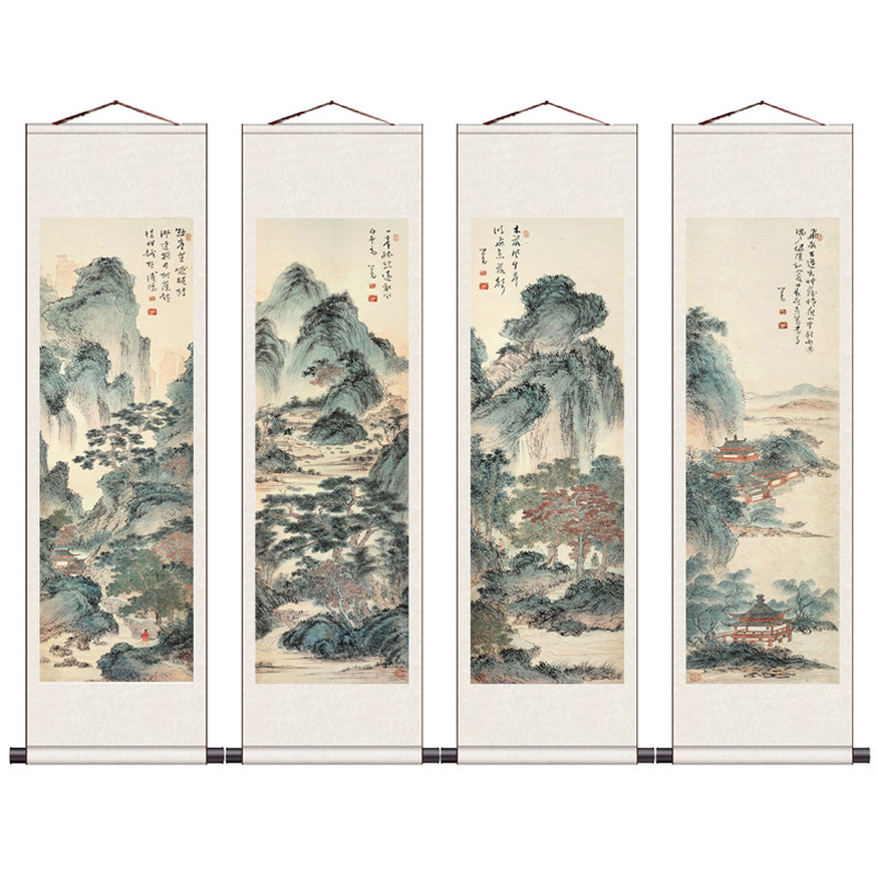水墨山水画四条屏卷轴画名家山水花鸟挂画背景装饰画仿古挂画定制
