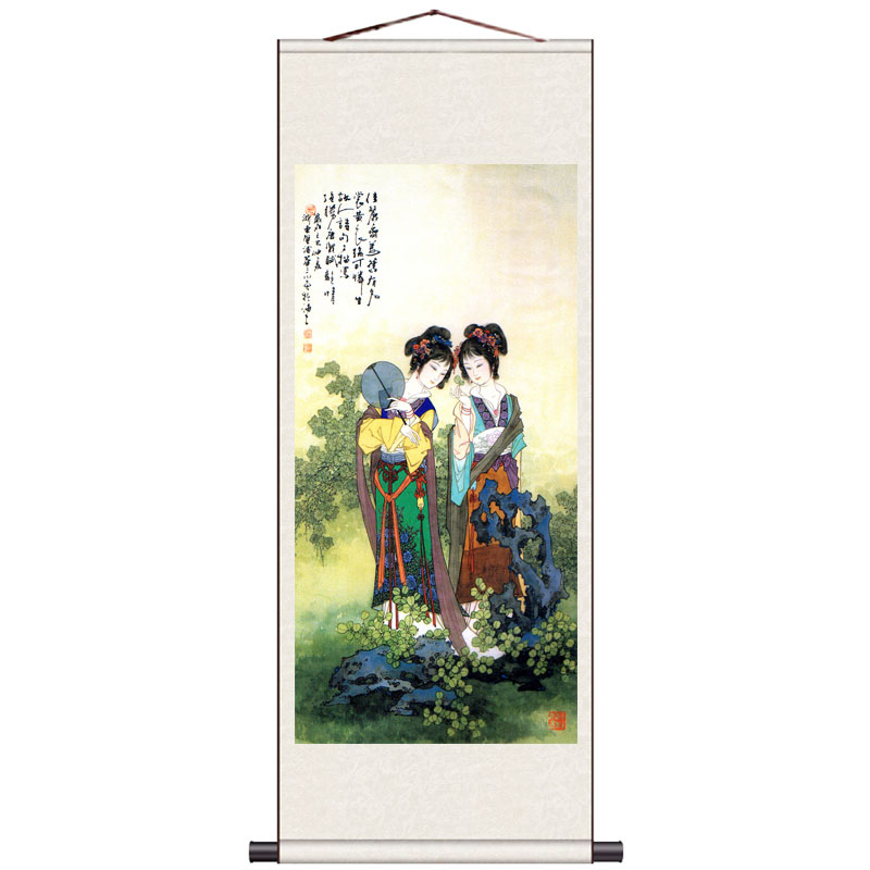 古代仕女图芭蕉仕女黛玉葬花酒店茶楼装饰画条幅丝绸卷轴画礼品画