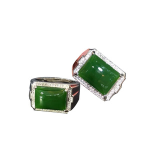 天然玉石和田碧玉戒指 银镶玉戒指S925银镶嵌碧玉男士戒指带证书