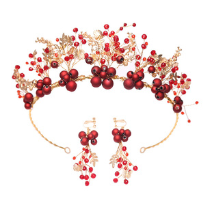 新娘头饰结婚皇冠红色发箍三件套装森系仙美发饰中式敬酒礼服饰品