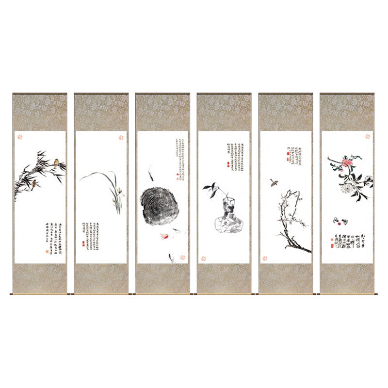 中式花鸟卷轴画六条屏字画鱼乐图梅兰竹菊图趣味丝绸画定制风水画